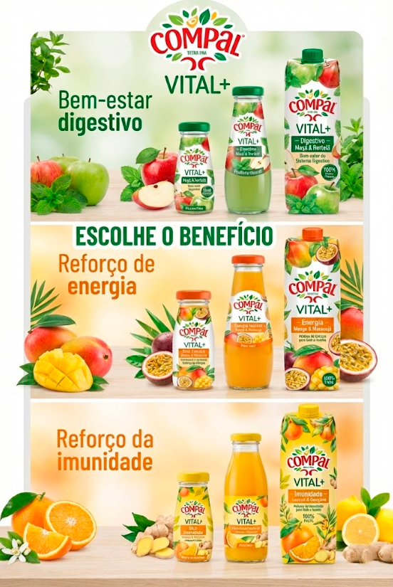 Design vertical para a linha Compal Vital+ com cores e tipografia de marca